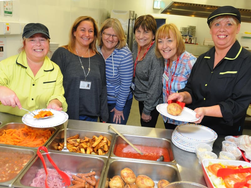 Staff at Ince CE primary school and neighbouring Children's Centre at a Community Lunch, for children, parents and members of the community to join the "pay as you feel" cafe, with help from inspirational by Wigan charity The Real Junk Food Project Fur Clemt. From left: Sharon Barnes, Jaime Trayner, Marjorie Banks, Jan Waterhouse, headteacher Gillian Hyde and Alison Tilley