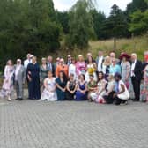 Three Towns Society members with the bride and groom