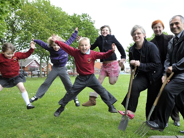 Wigan Leisure and Culture Trust have teamed up with Community Foundation and the West Bickershaw Tenants and Residents Association to celebrate the start of building work on the new play park in Bickershaw. Pictured with Rachel Hirst, Deb Freeman, Play Manager Wigan Council and Zeno Vatter, Wigan Leisure and Culture Trust, are local children LtR: Heather, Emily, James and Keeley