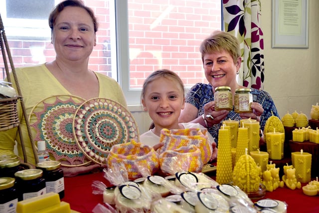 Kath Woodrow with Ellie and their 'Cottonwool By kath' goods and Liz Bower of Bower Bees and her honey items at the Bispham Methodist Church Artisan Market, Orrell.