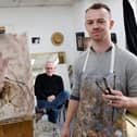 Artist Joe Kiney Whitmore, painting David Coulton,  in his studio at Cross Street Arts, Standish, he would like to paint your portrait from life.