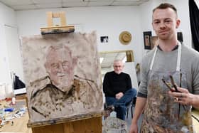 Artist Joe Kiney Whitmore, painting David Coulton,  in his studio at Cross Street Arts, Standish, he would like to paint your portrait from life.
