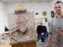 Artist Joe Kiney Whitmore, painting David Coulton,  in his studio at Cross Street Arts, Standish, he would like to paint your portrait from life.
