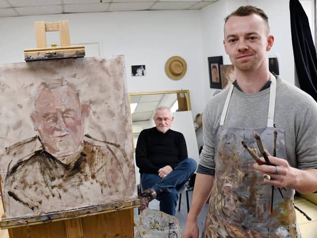 Artist Joe Kiney Whitmore, painting David Coulton,  in his studio at Cross Street Arts, Standish, he would like to paint your portrait from life.
