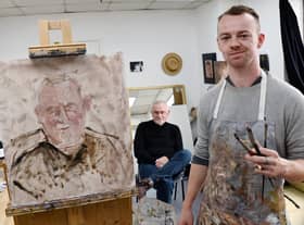 Artist Joe Kiney Whitmore, painting David Coulton,  in his studio at Cross Street Arts, Standish, he would like to paint your portrait from life.