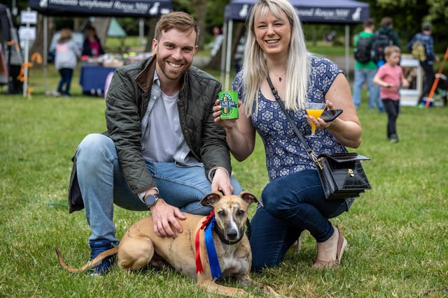 Makants Greyhound Rescue dog show at Astley St Park. Daniel Cooper and Lucy Webster with Tiggy.