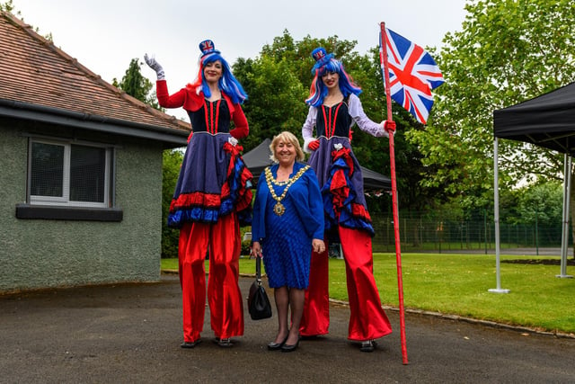The Mayor of Wigan Marie Morgan with Phoebe Hillgarth and Martha Breeze from Chicks on Sticks at the Mayor's Jubilee Gala in Pennington Hall Park, Leigh. Photo: Kelvin Stuttard