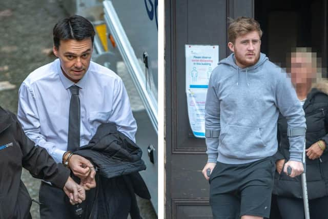 Left: Samson Price Snr is taken into court in handcuffs. Right: Patrick Brown on crutches at a previous hearing