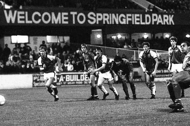 Wigan Athletic forward Steve Johnson slots home a penalty to give Latics a 1-0 win over Lincoln City in a Division 3 match at Springfield Park on Tuesday 18th of September 1984.