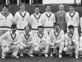 Wigan Cricket Club first team with President Harold Bullough after a successful season when they won the Stockton Championship Trophy and the Burtonwood Trophy mid-week knock out competition in the Manchester Association's centenary season of 1992.