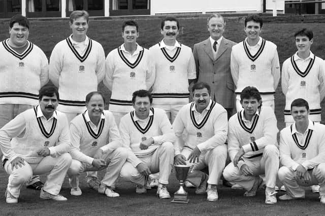 Wigan Cricket Club first team with President Harold Bullough after a successful season when they won the Stockton Championship Trophy and the Burtonwood Trophy mid-week knock out competition in the Manchester Association's centenary season of 1992.