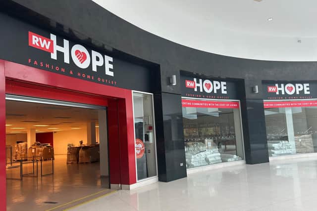 The former TK Maxx store on the upper floor of the Grand Arcade sporting the new Rebuild With Hope livery