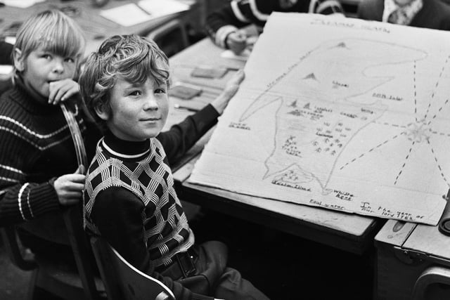 Stephen Crump and Neil Morgan with their treasure map at Evans County Junior School, Ashton, in October 1976.