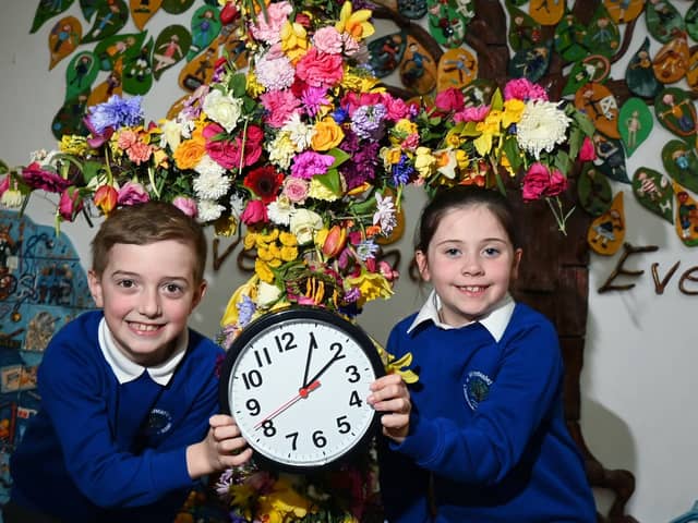 Pupils from Winstanley Community Primary School,  reminding readers that clocks go forward one hour on Sunday