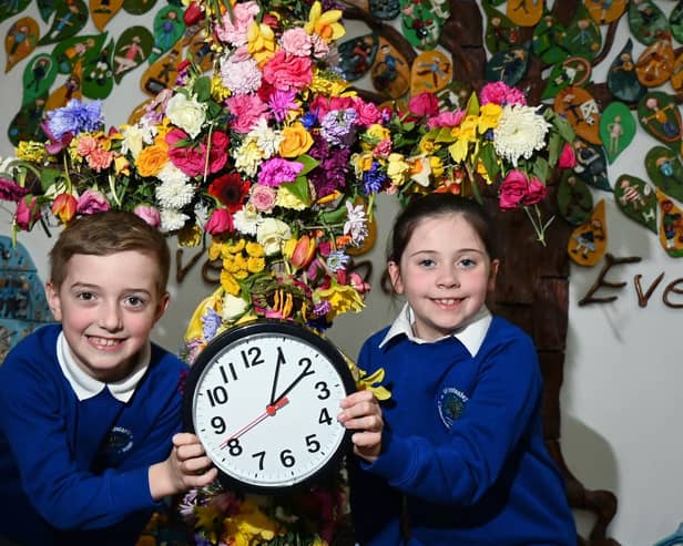 Pupils from Winstanley Community Primary School,  reminding readers that clocks go forward one hour on Sunday