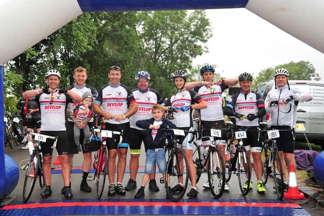 Jack Johnson with rugby league legends at the start of the Wigan Bike Ride