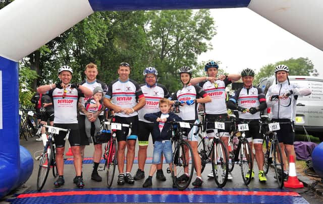 Jack Johnson with rugby league legends at the start of the Wigan Bike Ride
