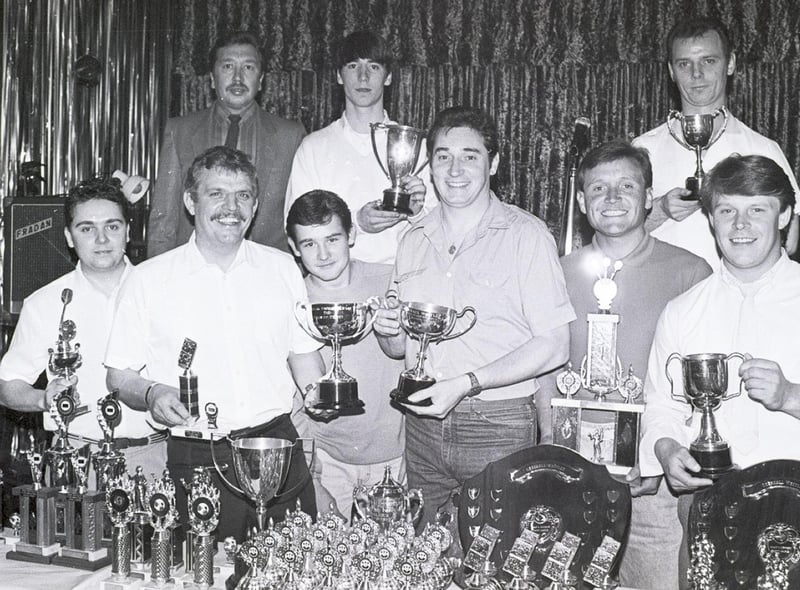 RetroDarts fans at the annual presentation evening for the Greenall Whitley league Wigan 1987