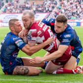 Liam Marshall scores his first of three tries against Hull KR