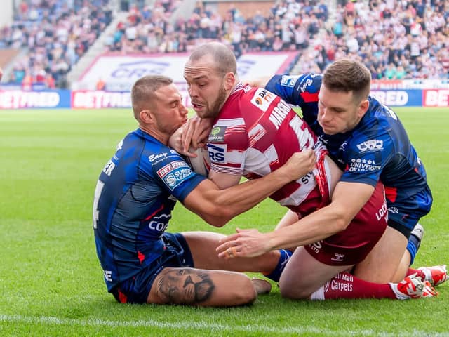 Liam Marshall scores his first of three tries against Hull KR