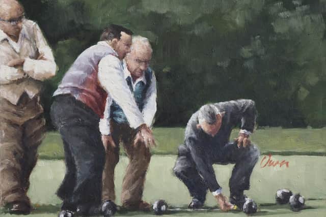 A Peter Owen oil painting called Pegs of gents playing bowls at Mesnes Park