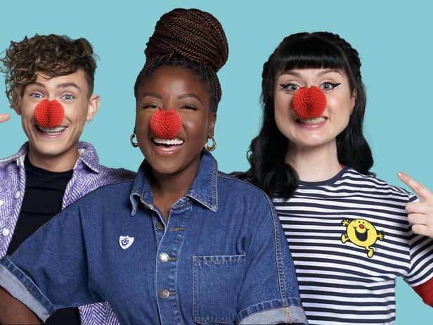 Blue Peter presenters, Joel Mawhinney, Mwaka ‘Mwaksy’ Mudenda and Abby Cook from Grangemouth support Red Nose Day 2023 by wearing the new Red Nose and Mr Men merchandise. Pic: BBC
