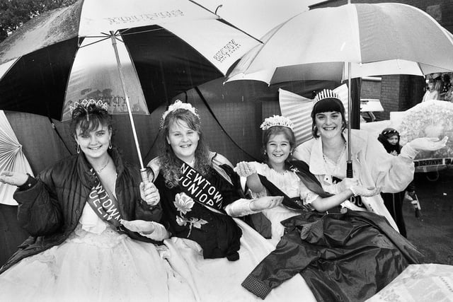 The Carnival Queens and Princesses in good spirits despite the pouring rain at Newtown Gala on Saturday 8th of August 1992.