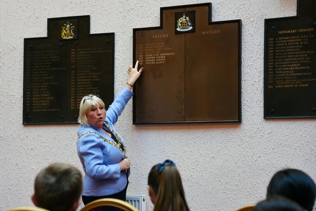 Mayor of Wigan Coun Marie Morgan shows pupils around Wigan Town Hall.