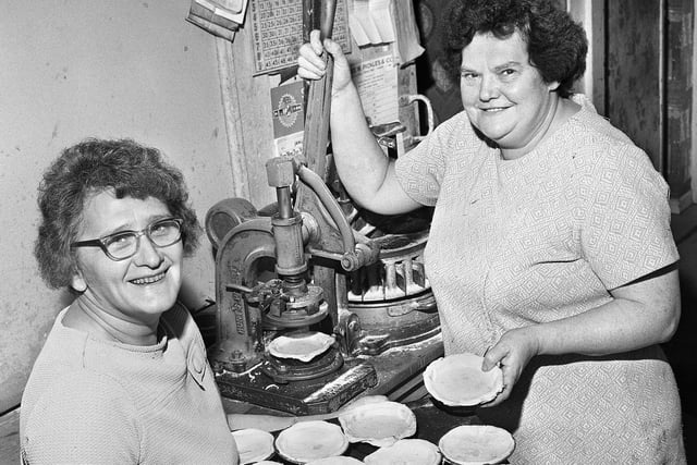Edna Ashurst, left, making pies in her bakers and confectioners shop with assistant, Dorothy McChrystal, in January 1972. Edna worked in the Belle Green Lane shop for 43 years and bought it 20 years previously.