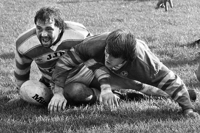 Wigan hooker Nicky Kiss is happy with his try against Leeds in a league match at Central Park on Sunday 30th of September 1984.
Wigan won 30-14.