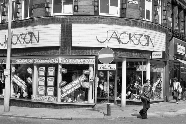 Jackson the tailors shop on the corner of Market Place and Market Street closing down in August 1982.