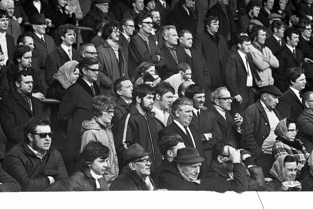 Wigan fans at the Wigan v Salford league match at Central Park on Bank Holiday Monday 3rd of April 1972.Wigan lost the match 10-13.