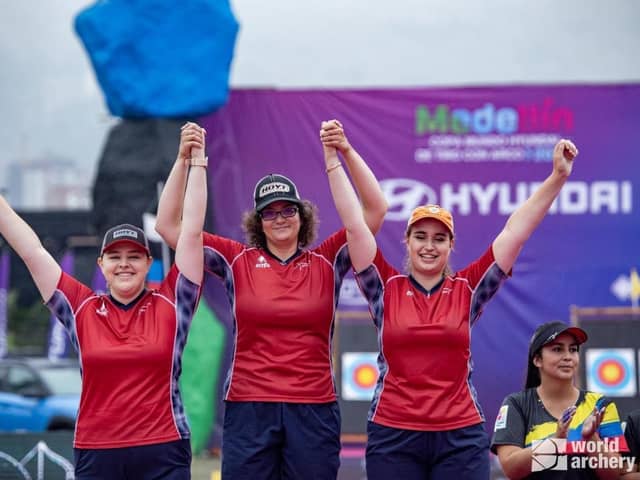 From left to right: Ella Gibson takes gold in Medellin, Compound Women’s Team win silver, Recurve Women’s Team win silver.