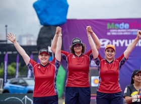 From left to right: Ella Gibson takes gold in Medellin, Compound Women’s Team win silver, Recurve Women’s Team win silver.