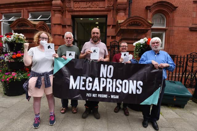 Marion Dawson, Barry Conway, Dr David Scott, Dave Lowe and Jimmy Ellis protest outside Wigan Town Hall