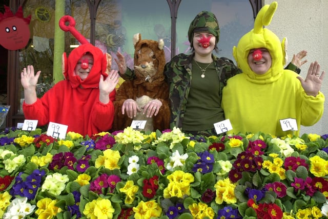 RED NOSE DAY 2003 - La-La, Po, Squirrell Nutkin and GI Jane, alias staff at William High Florist, Mesnes Street, are pictured on 'Teletubbie Hill', in aid of Comic Relief.