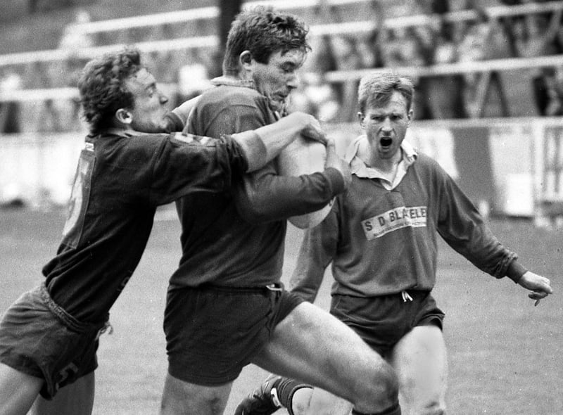 Action from the Ken Gee Cup Final between Crown Springs and Ince Rose Bridge on Sunday 29th of May 1988 at Central Park.
Crown Springs were the surprise winners 26-22.
