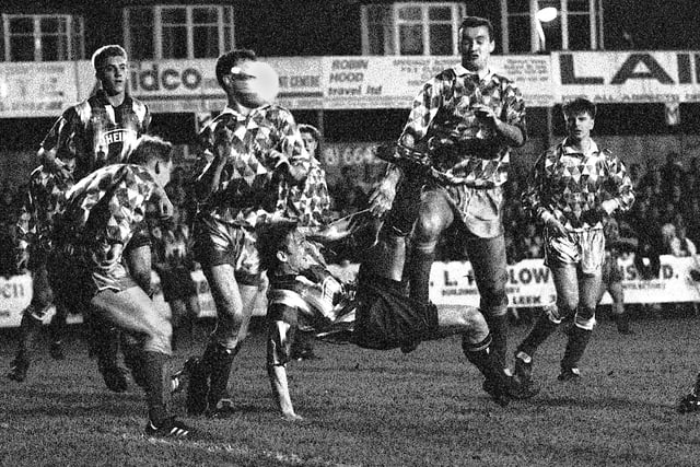 Wigan Athletic central defender Peter Skipper scores with a spectacular overhead kick in a crowded penalty area against Northern Premier League side Leek Town in an FA Cup 1st round match at Harrison Park on Friday 12th of November 1993. The match was a 2-2 draw with Neil Morton getting Latics other goal.