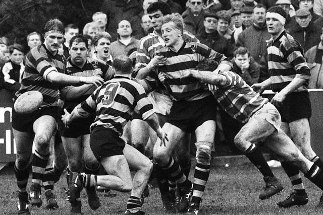 The Orrell forwards Dave Cusani, Sammy Southern and Chas Cusani block out Leicester and future England captain Martin Johnson as Orrell beat Leicester 21-9 at Edge Hall Road to stay top of the Courage Championship League on Saturday 29th of February 1992.