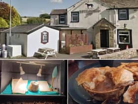 Kettledrum Inn, Burnley. Bottom left: One of the items displayed in the pub. Bottom right: Steak and ale pie