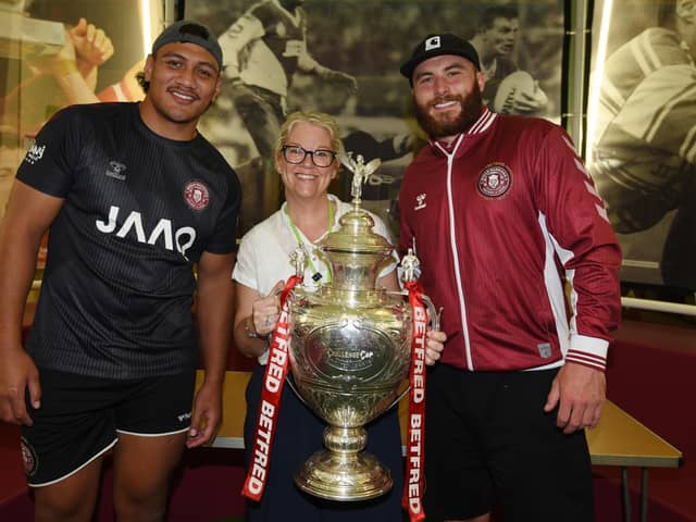 Patrick Mago and Jake Bibby both posed for photos with fans alongside the Challenge Cup