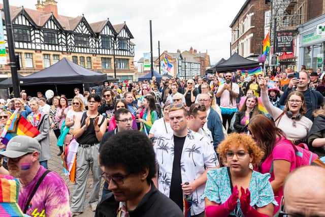 Crowds outside the stage at Wigan Pride