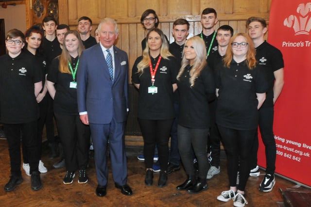 Prince Charles meets young people from the Prince's Trust team, at The Old Courts, Wigan.