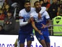 Curtis Tilt is congratulated after his winning goal against Blackpool by Ashley Fletcher
