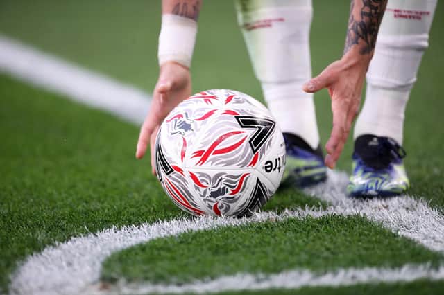 LEICESTER, ENGLAND - MARCH 21: The Mitre Delta Max FA Cup match ball is placed on the corner spot during the Emirates FA Cup Quarter Final match between Chelsea FC and Sheffield Untied at Stamford Bridge on March 21, 2021 in London, England. (Photo by Alex Pantling/Getty Images)