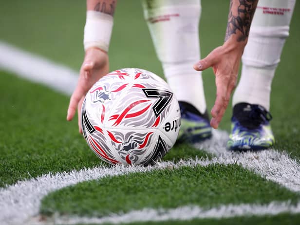 LEICESTER, ENGLAND - MARCH 21: The Mitre Delta Max FA Cup match ball is placed on the corner spot during the Emirates FA Cup Quarter Final match between Chelsea FC and Sheffield Untied at Stamford Bridge on March 21, 2021 in London, England. (Photo by Alex Pantling/Getty Images)