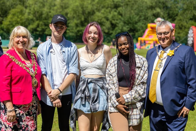 Mayor of Wigan Coun Marie Morgan and consort Coun Clive Morgan with students Kieran O'Callaghan, Erin Bennett and Abiiness Mupinyum