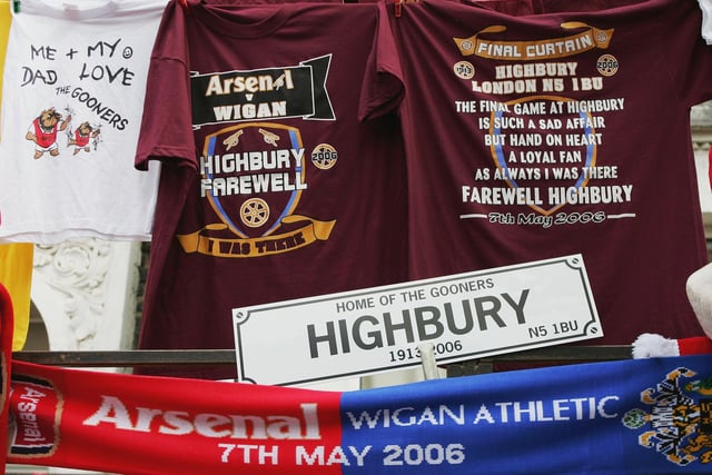 Souvenir t-shirts for sale on a stall before the Barclays Premiership match between Arsenal and Wigan Athletic at Highbury on May 7, 2006 in London, England.  The match was the last to be played at Highbury after 93 years, as next season Arsenal will kick off nearby at the new Emirates Stadium.