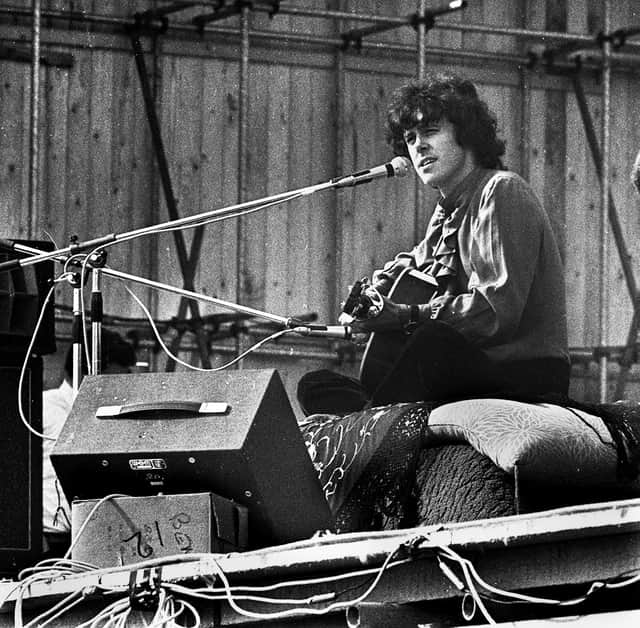 Scottish singer songwriter, Donovan, one of the top artists playing his mixture of folk, pop and psychedelia at the Bickershaw Festival in 1972. 