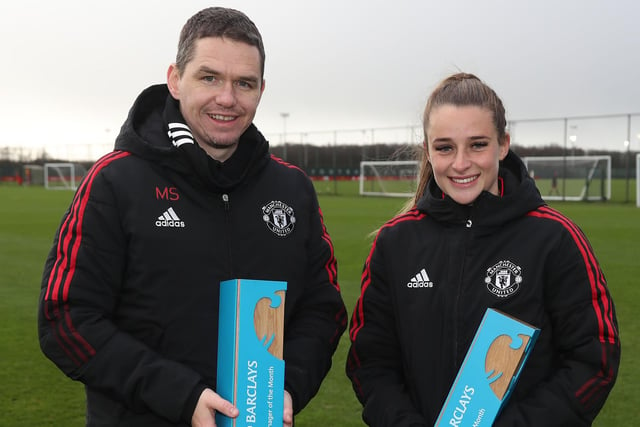 Toone started the year by collecting her player of the month award for December, while her manager Marc Skinner was also recognised (Photo by Tom Purslow/Manchester United via Getty Images).